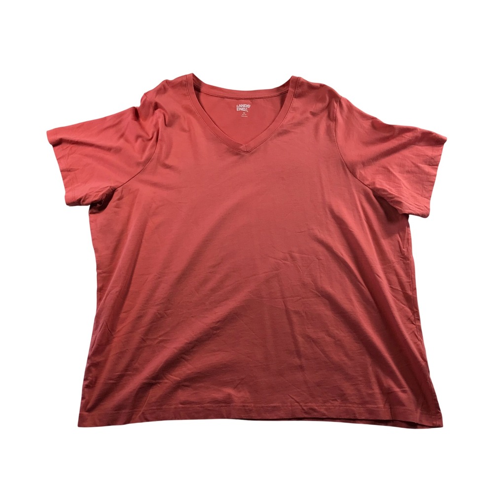 Lands End Womens 2X Coral Pink 100% Cotton V-Neck Short Sleeve T-Shirt 20W-22W